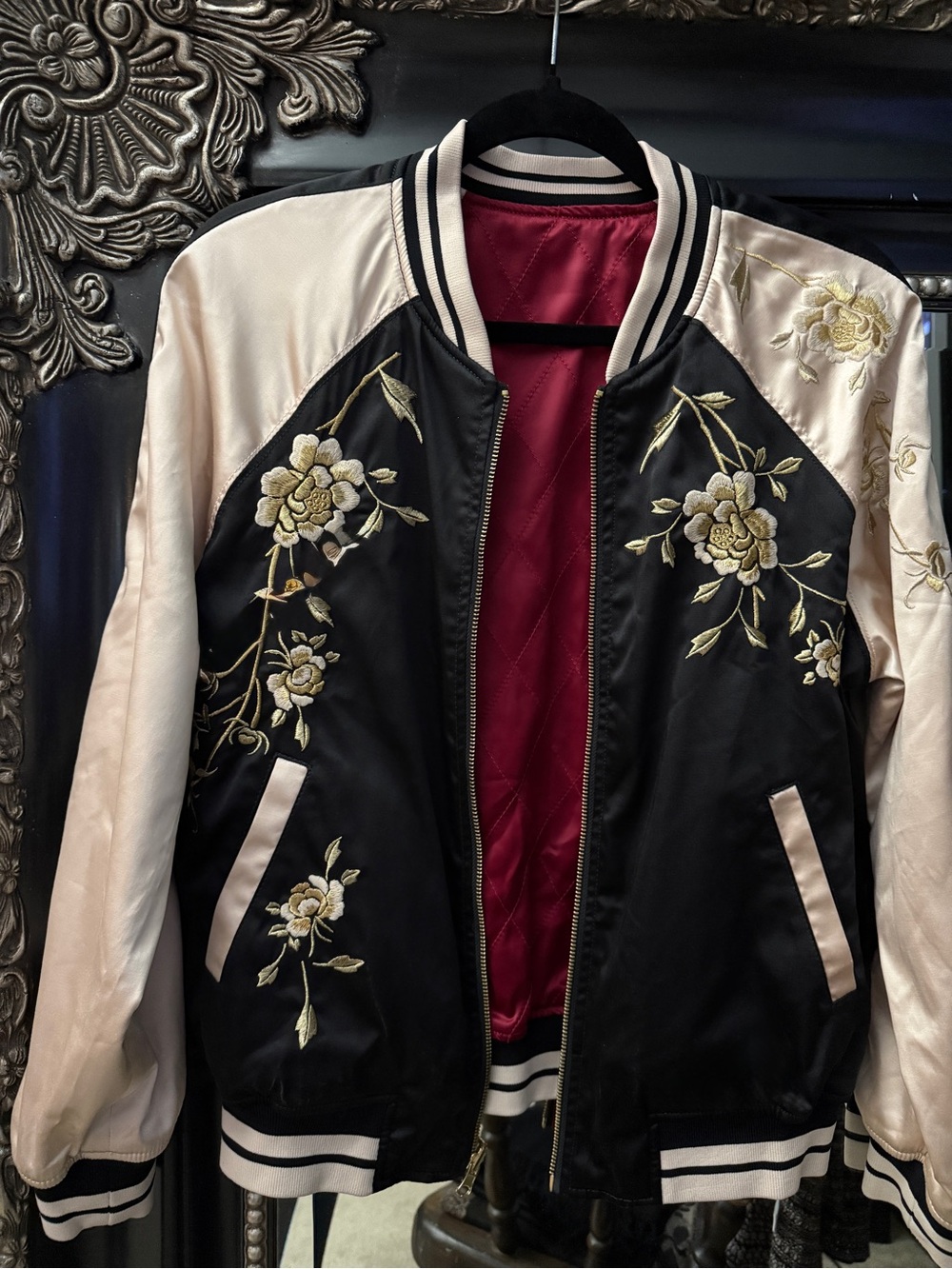 Express Embroidered Tiger Floral Reversible Satin Bomber Jacket